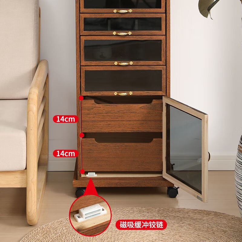 Pomelo Mansion's new walnut color solid wood veneer-free dental cabinet stationery jewelry tea set cup storage cabinet floor-standing tea cabinet walnut color small size