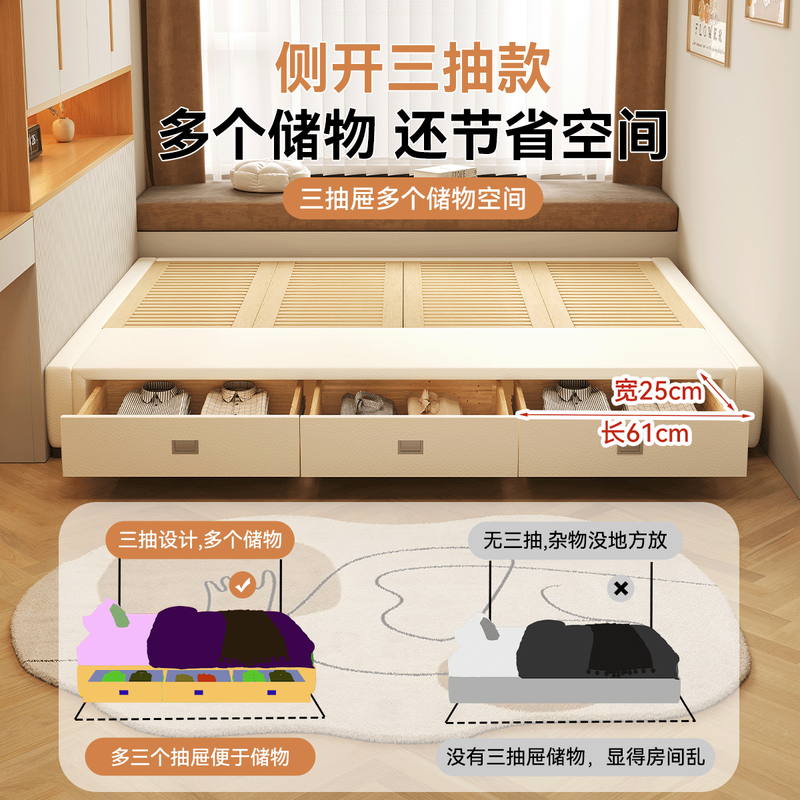 Westinghouse Artisan mortise and tenon beech wood bedside bed with lattice frame bed three drawer storage bed storage bed without backrest small apartment second bedroom custom drawer storage bed Consult customer service for free upgrade to leather version 1.5*2.0m three drawer structure mortise and tenon mortise beech wood lattice frame