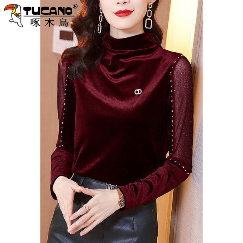 Woodpecker gold velvet bottoming shirt for women in autumn and winter new model with temperament half turtleneck black mesh beading long-sleeved T-shirt top picture style black free corsage M