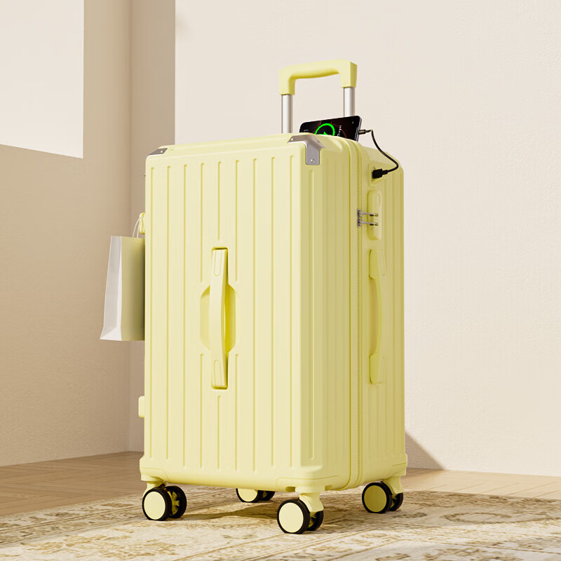 Lianang large-capacity suitcase for male and female students, good-looking multi-functional suitcase, large suitcase for studying abroad, grain white, cup holder + charging port + brake shock absorption, 24 inches, upgraded and thickened version
