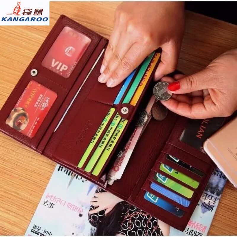 Kangaroo Light Luxury Brand Cowhide Women's Wallet Women's Long Genuine Leather Litchi Pattern Durable Soft Leather Tri-fold Wallet Clutch Maroon