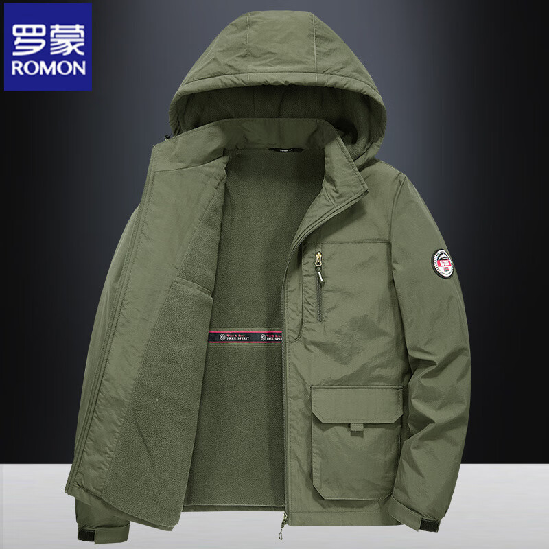 ROMON large size men's jacket autumn and winter 2025 new popular velvet thickened windproof sports and leisure jacket dark gray 2XL suitable for 135-145 pounds