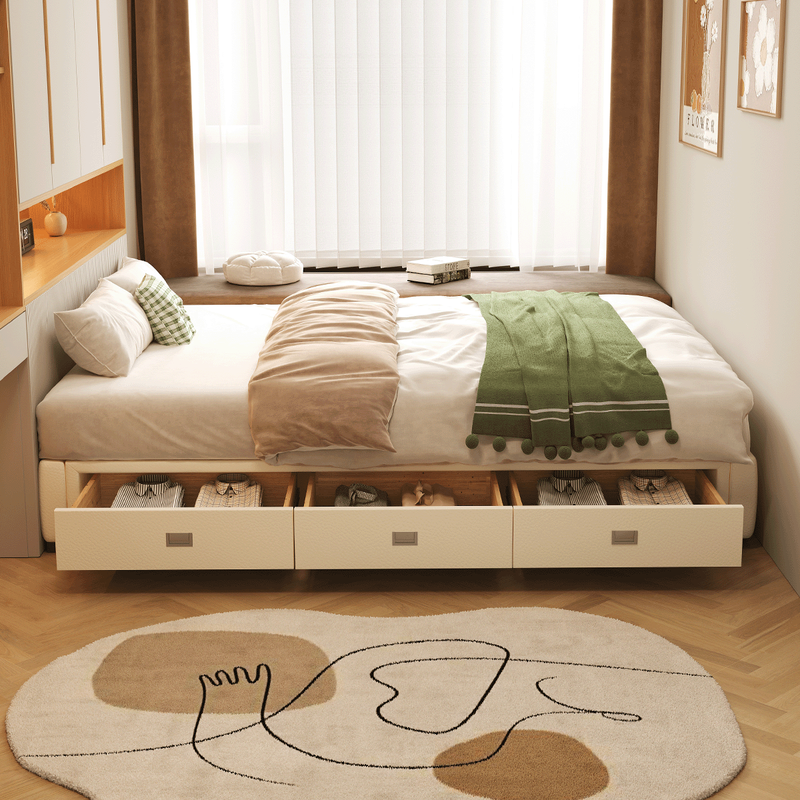 Westinghouse Artisan mortise and tenon beech wood bedside bed with lattice frame bed three drawer storage bed storage bed without backrest small apartment second bedroom custom drawer storage bed Consult customer service for free upgrade to leather version 1.5*2.0m three drawer structure mortise and tenon mortise beech wood lattice frame