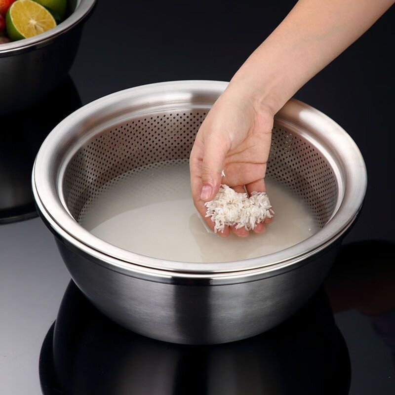 Carole stainless steel basin food-grade household kitchen drain basket wash basin leaky basin vegetable basin rice washing basin pore thickening 19CM multi-functional solid basin + leaky basin