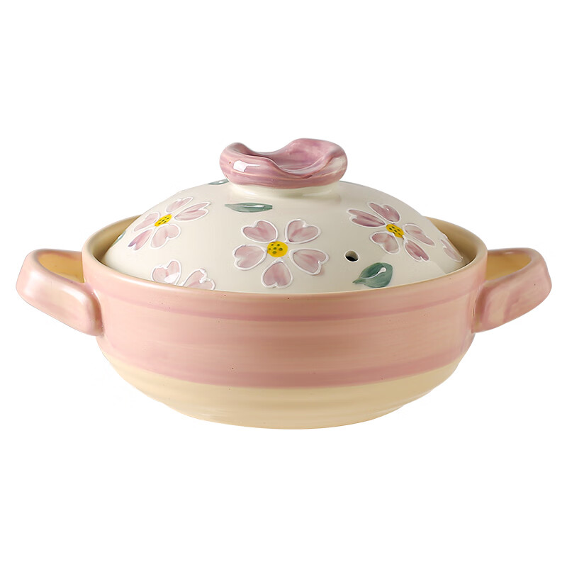 Kawashimaya Japanese-style claypot household high-temperature resistant dry-fired non-cracking gas stove special soup pot claypot rice casserole Flower casserole-pink (for 2-4 people) 2.5L