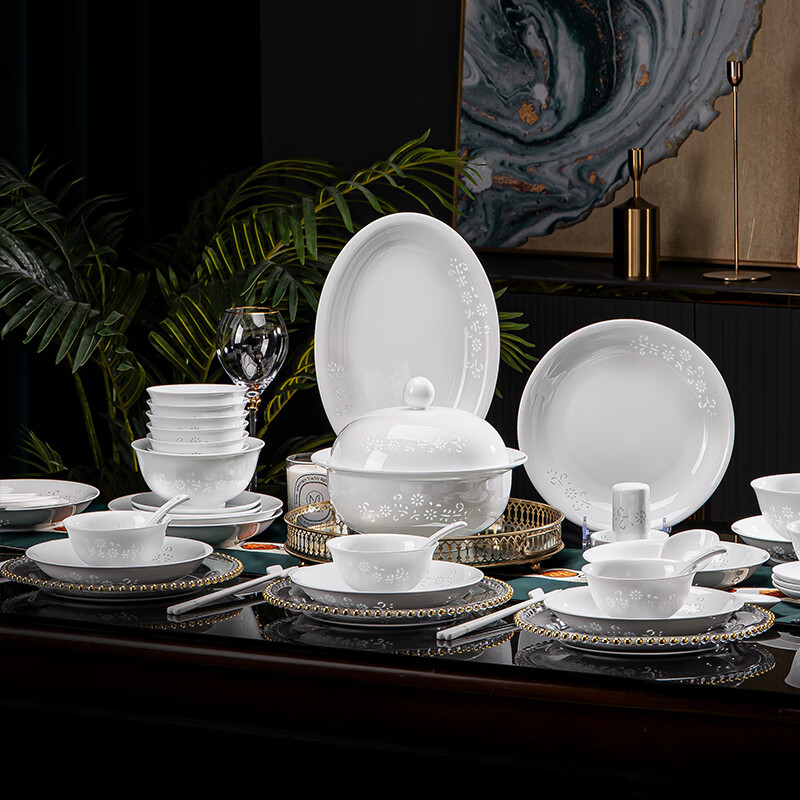 Tao Xianghui ceramic dish set housewarming gift complete set of plates and bowls high-end Chinese Jingdezhen exquisite white porcelain 72-piece tableware 72-piece white exquisite dandelion for 10 people