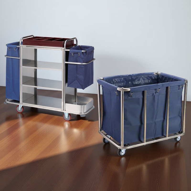 Stainless steel hotel room linen cart bag hotel thickened silent linen cart multi-functional cleaning room entrance cart white single armrest rectangular 10-tube cart