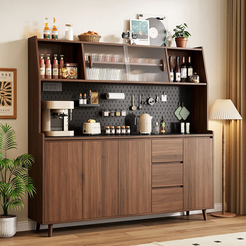 Idason solid wood sideboard integrated wall-mounted Nordic modern living room wine cabinet tea cabinet multi-functional kitchen storage cabinet 160cm three doors three drawers + Changhong glass