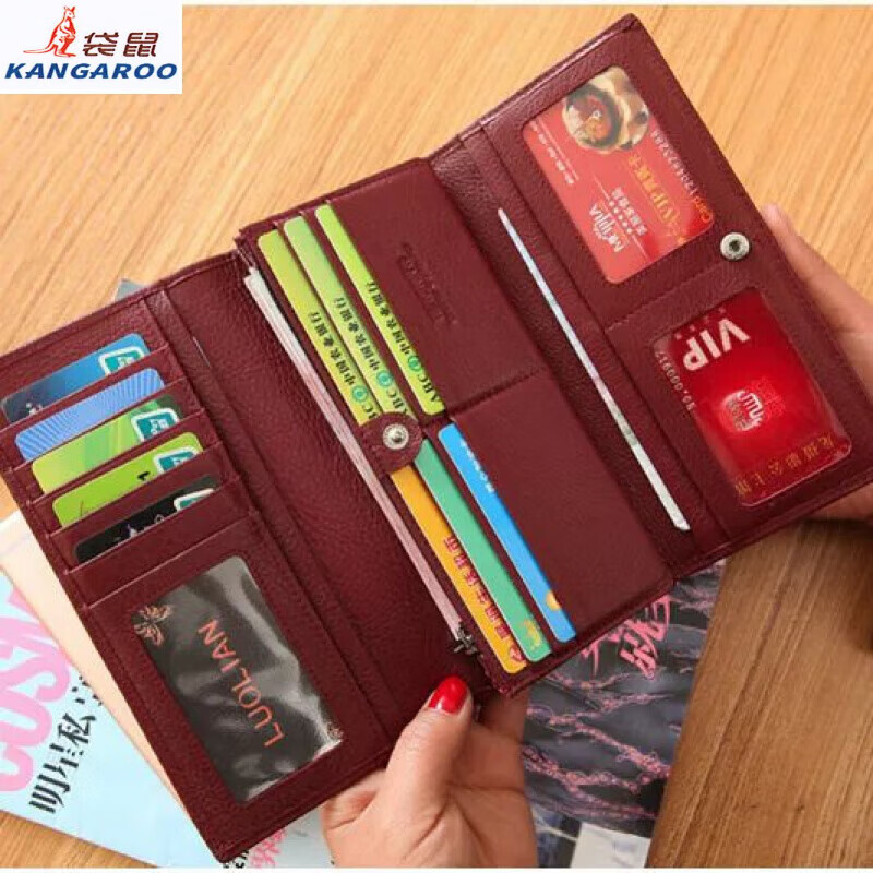 Kangaroo Light Luxury Brand Cowhide Women's Wallet Women's Long Genuine Leather Litchi Pattern Durable Soft Leather Tri-fold Wallet Clutch Maroon
