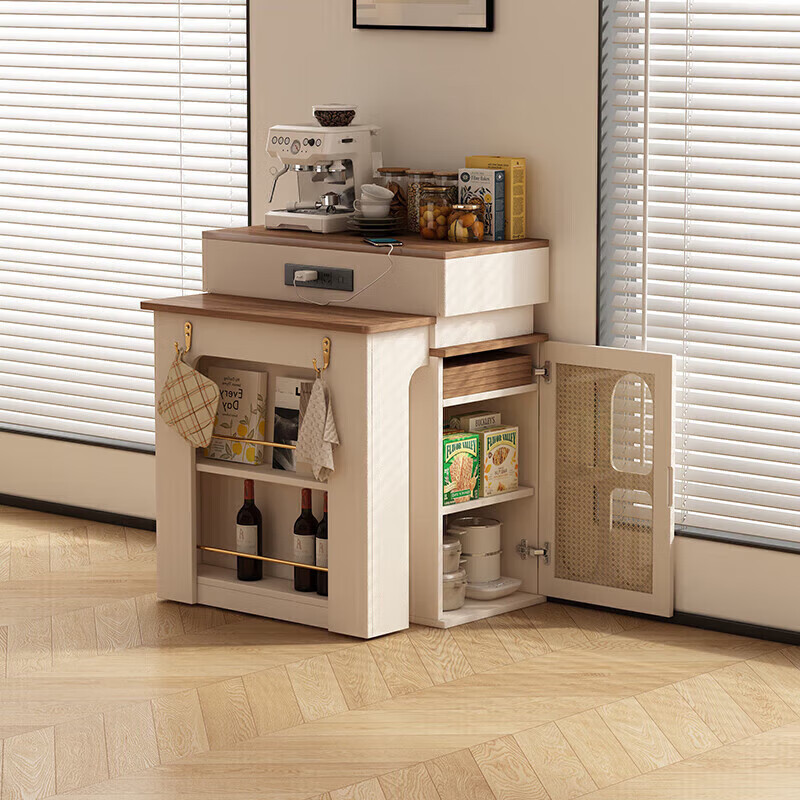 Isabelle dining table, household retractable sideboard, integrated small-sized island storage cabinet, storage cabinet, solid wood foldable dining table, one table and four chairs, removable storage cabinet shelf, latch-fixed table board