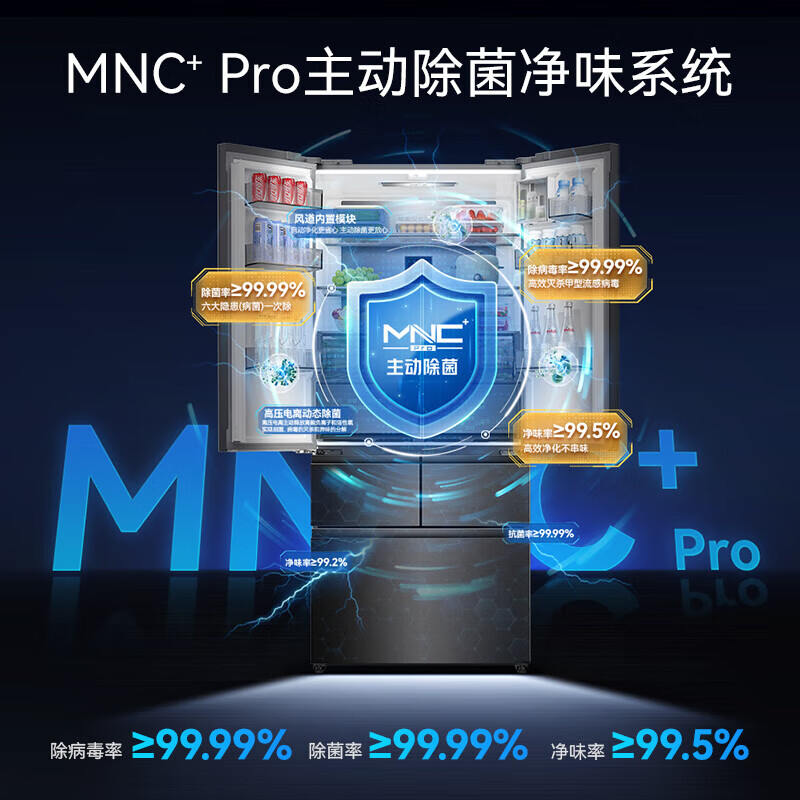 MeiLing 507-liter AI smart French five-door multi-door ultra-thin zero-distance embedded 599mm dual-cycle dual-system active sterilization household large-capacity air-cooled frost-free refrigerator 507 French smart-grey