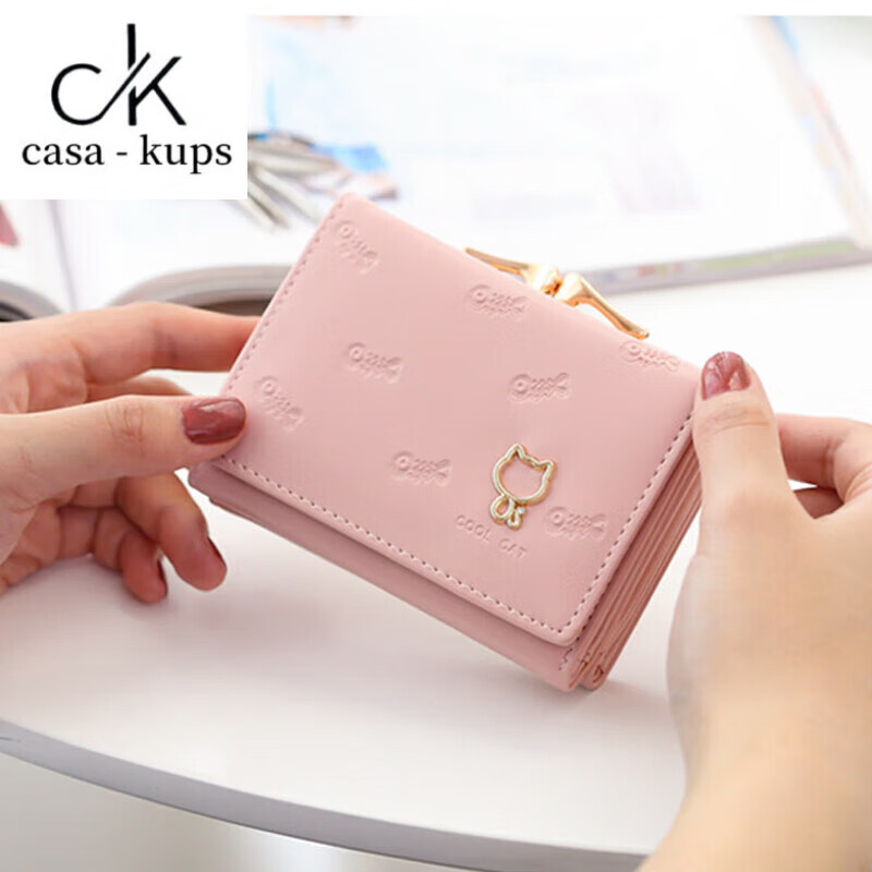 Casa-kupsCK small wallet women's short 2025 new simple small fresh student card bag coin purse cute cat wallet pink