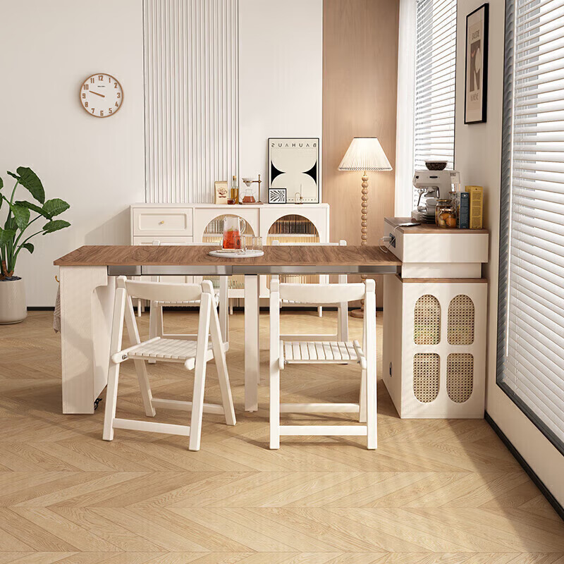 Isabelle dining table, household retractable sideboard, integrated small-sized island storage cabinet, storage cabinet, solid wood foldable dining table, one table and four chairs, removable storage cabinet shelf, latch-fixed table board