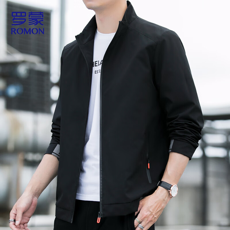 Romon Jacket Men's Autumn Stand Collar Business Casual Executive Jacket Top Men's Versatile Baseball Uniform Men's JT6 Black XL