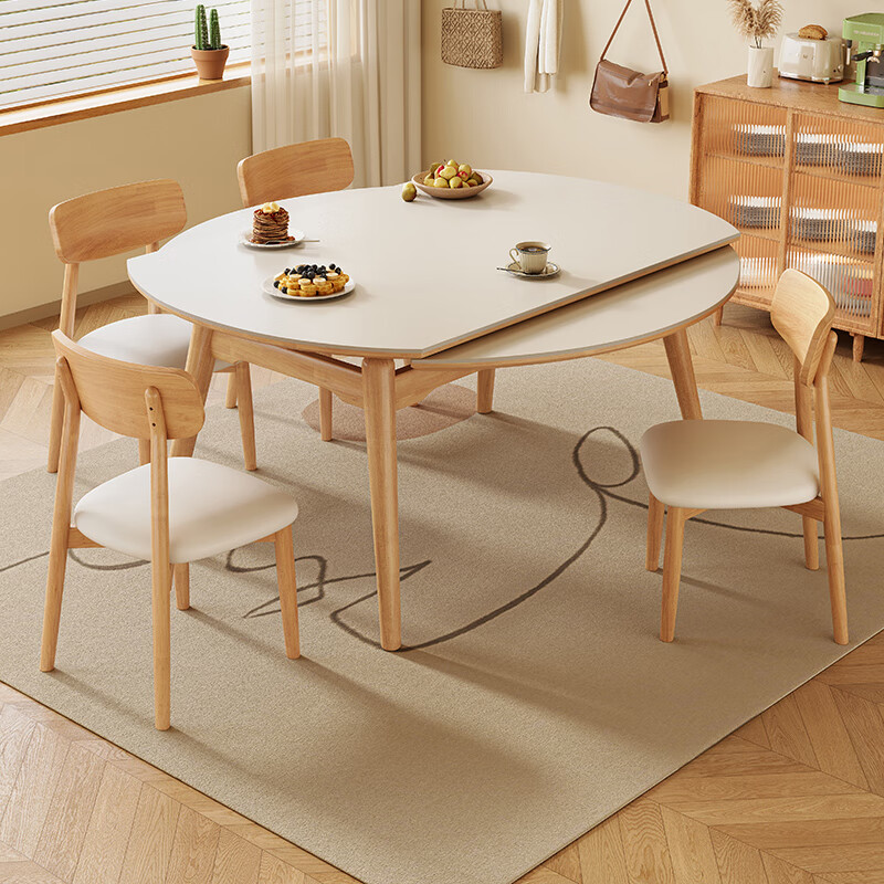 Senlushi slate solid wood dining table and chairs complete set Home living room small apartment with induction cooker square and round dining table Matte pure white slate-log color frame-Lingzhi chair 1.35m One table and six chairs