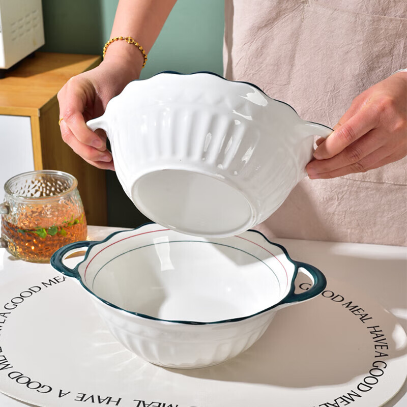 Double-ear 10-inch green double-line special-shaped double-ear bowl household ceramic tableware double-ear soup bowl fruit bowl 2 10-inch green double-ear bowls