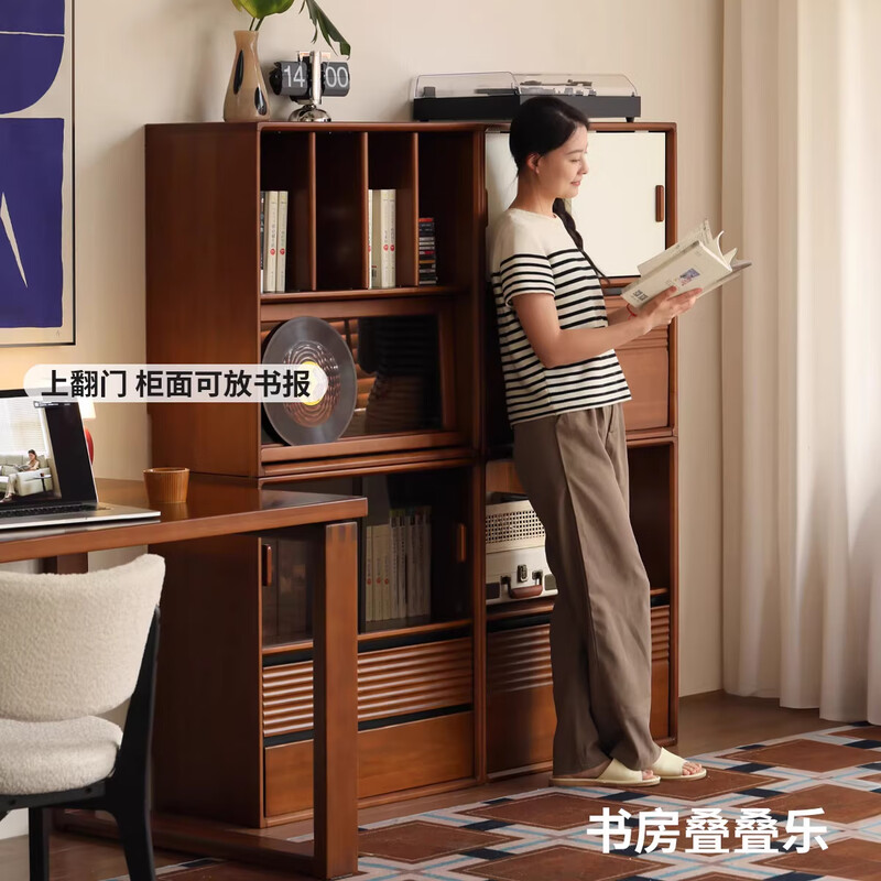 Genji Muyu Solid Wood Bookcase Medium Antique Partition Cabinet Retro Storage Cabinet Combination Cabinet 0.7 Meter Double Sliding Door Cabinet (Glass Door)