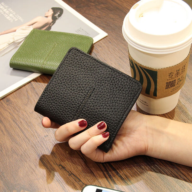 Nimense cowhide texture small wallet women's short style 2025 new high-end folding genuine leather ultra-thin simple wallet card holder green - 6 card slots + 1 mirror window 1 mezzanine affordable regular style