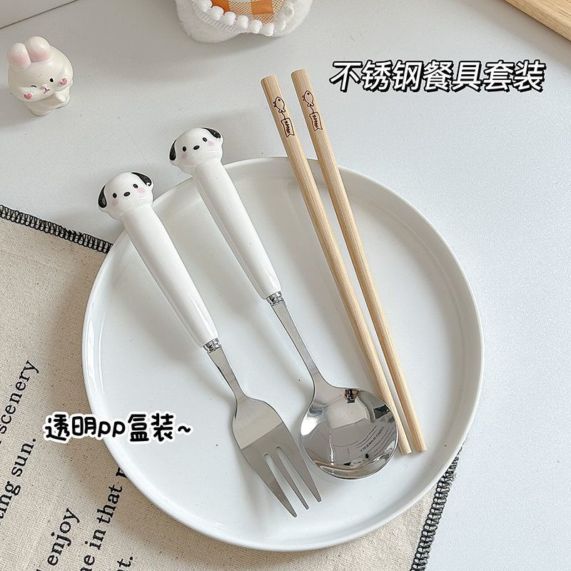 Cute puppy stainless steel chopsticks fork spoon set student portable eating spoon tableware for home use spoon + wooden chopsticks (transparent box)