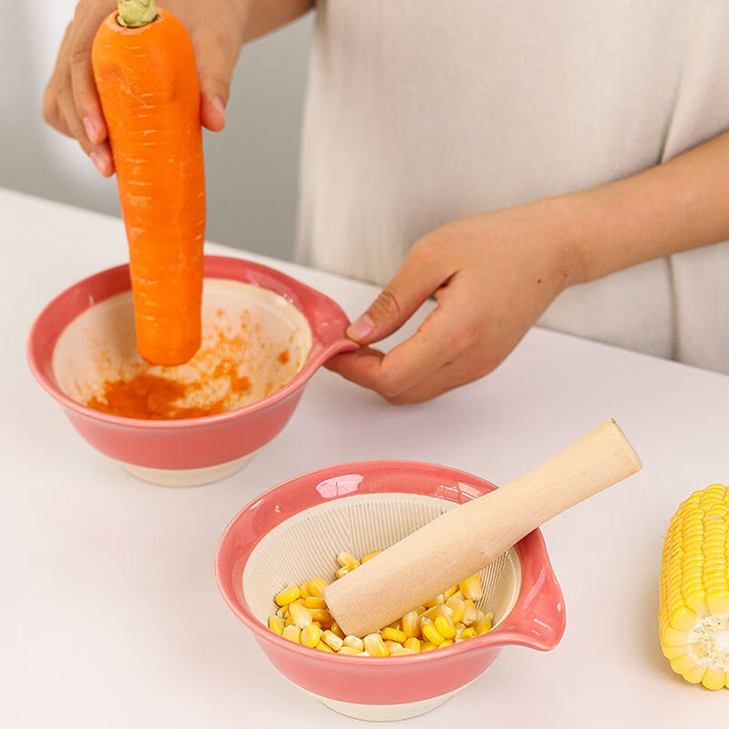 Meikejie ceramic grinding bowl, baby grinding bowl, Chinese medicine grinding bowl, baby fruit, vegetable, rice paste, meat paste grinding and supplementary food bowl, P coffee color grinding bowl + ceramic rod
