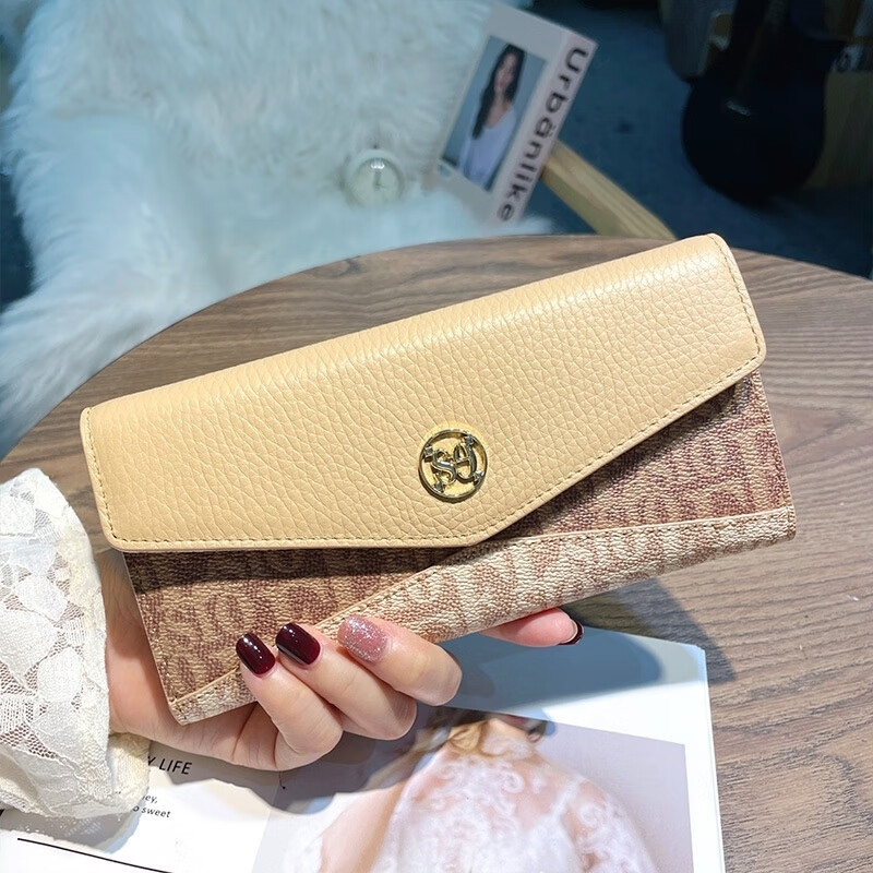 Kangaroo leather wallet 2025 new style women's European and American fashion long wallet large capacity card holder mobile phone bag coffee with earthy yellow