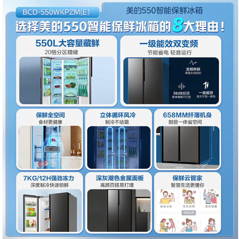 Midea 550-liter double-door refrigerator first-class energy efficiency and energy saving dual frequency conversion air-cooled frost-free large capacity trade-in national subsidy BCD-550WKPZM(E)