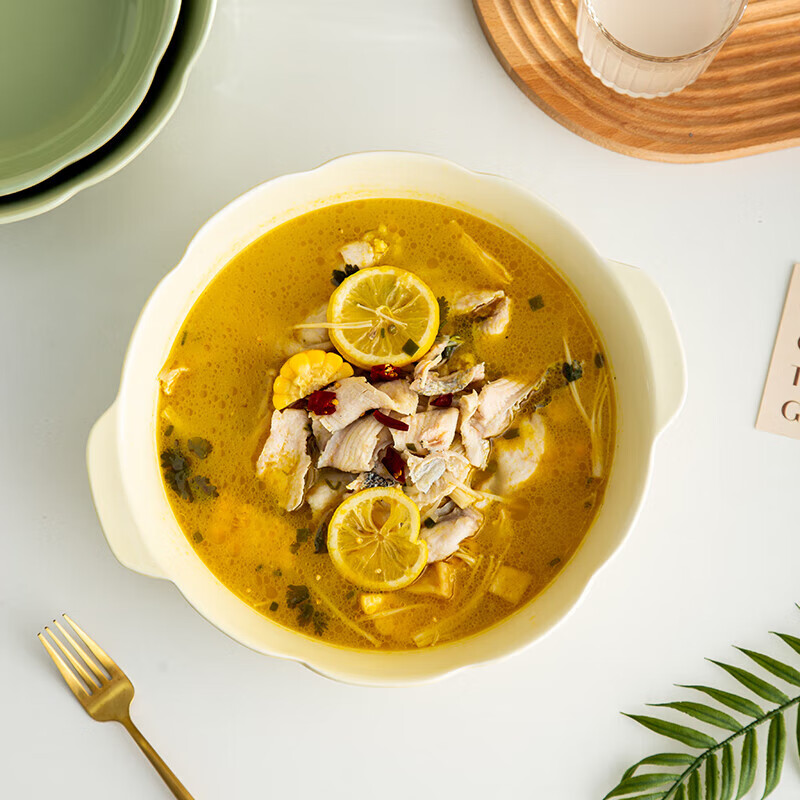 Pickled fish large basin bowl household ceramic double-eared soup bowl ins high-looking instant noodle bowl student dormitory salad bowl fruit green 8.5-inch double-eared stone pattern soup bowl 1