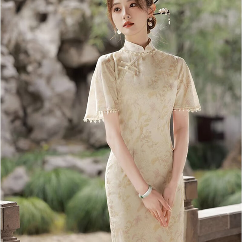 Bangbo Shi New Chinese Style Improved Cheongsam Women's 2025 National Style Elegant Long Slit Dress Slim Fit New Year's Gift New Chinese Style Improved Cheongsam Color S Size (Suitable for 85 Jin-110 Jin)