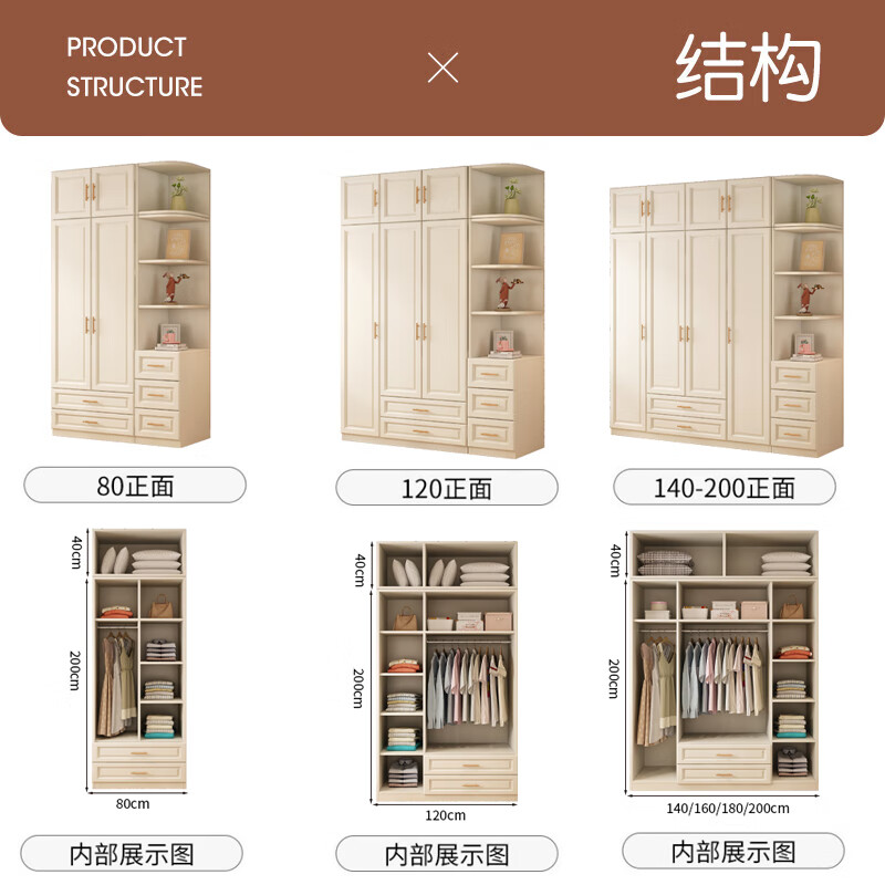 Zhilei wardrobe bedroom home European cream style large wardrobe flat door simple storage storage cabinet wardrobe 2.0 meters main cabinet four doors