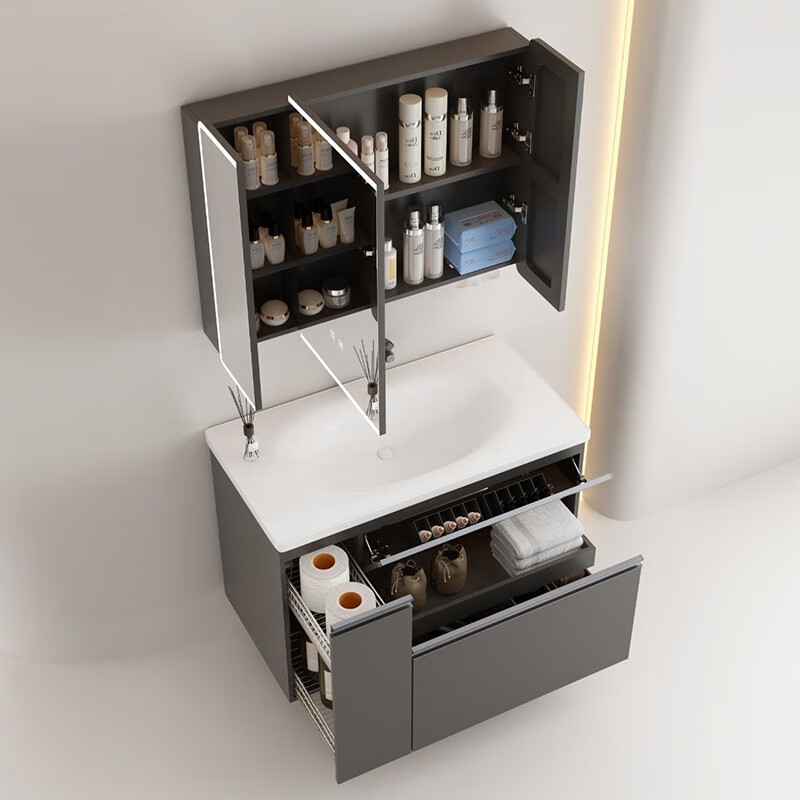 Ni Zhier customized SUBO Su Bao gray heightened storage basket integrated ceramic basin smart mirror cabinet multi-functional pull basket bathroom 60cm single base cabinet with pull-out faucet