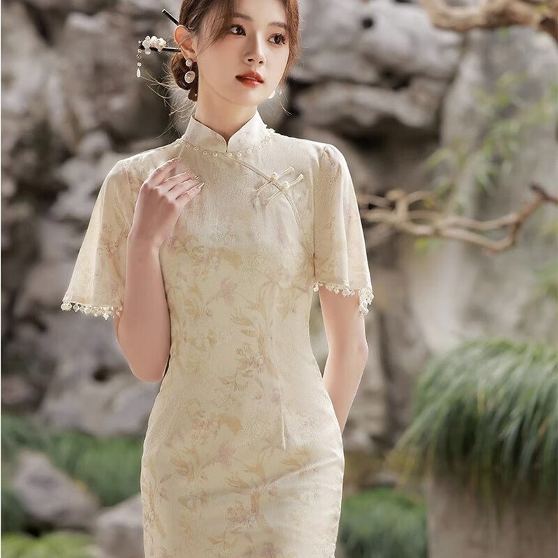 Bangbo Shi New Chinese Style Improved Cheongsam Women's 2025 National Style Elegant Long Slit Dress Slim Fit New Year's Gift New Chinese Style Improved Cheongsam Color S Size (Suitable for 85 Jin-110 Jin)