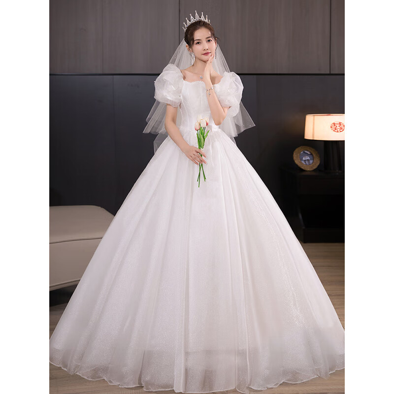 Sainte-Nice French-style fugitive princess wedding dress bridal main yarn heavy industry high-end one-shoulder light luxury petite 2025 new model for going out white floor-length style (wedding dress + 8-piece set) L Weight about 110 pounds