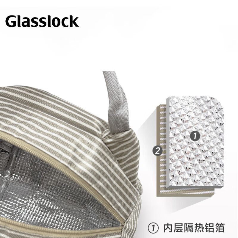 GLASSLOCK lunch bag, crisper box, insulated handbag, lunch box bag, aluminum foil fabric bag, Korean style cloth striped bag, men's and women's handbag