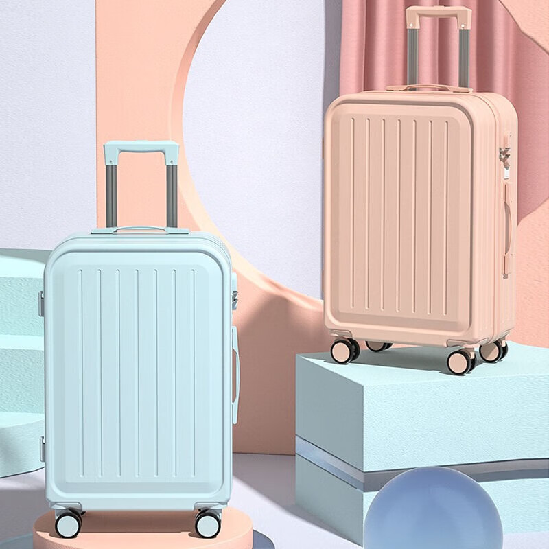 Ouyao's high-looking two-piece suitcase with next-day delivery small boarding trolley case for female students, durable and seatable password suitcase, light blue, folding cup holder + charging port + cosmetic bag, 20 inches, can be boarded on the plane without checking in