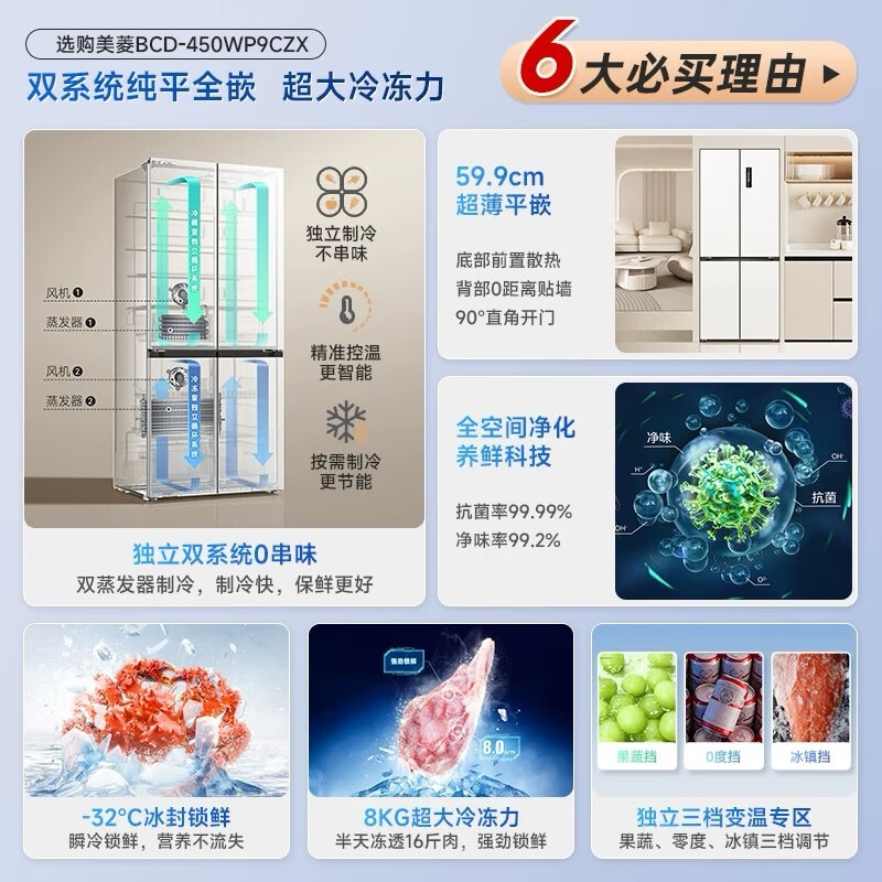 MeiLing worry-free built-in refrigerator 450 liters cross-folding multi-door ultra-thin zero-level built-in dual system dual cycle first-level energy efficiency variable frequency air-cooled frost-free state-subsidized refrigerator 450WP9CZX Snowy White