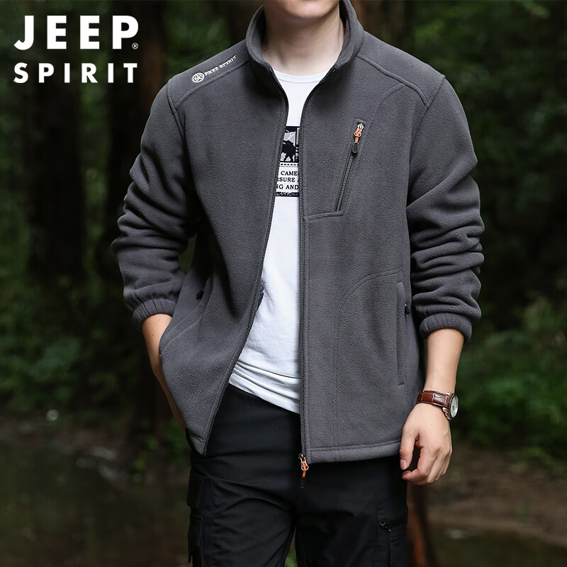 JEEP SPIRIT Jeep Fleece Jacket Men's Jacket Fall and Winter Polar Fleece Sweater Plus Velvet Thickened Warm Jacket Khaki L