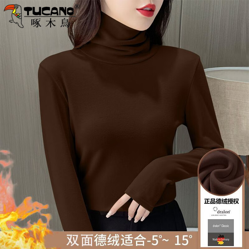 Woodpecker double-sided German velvet turtleneck warm thickened bottoming shirt for women autumn and winter new style versatile pile collar long-sleeved top black high quality 4XL recommended 155-170 pounds