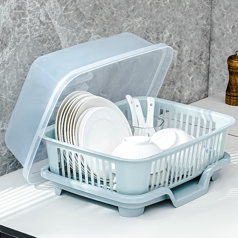 GUIG bowl and chopsticks storage box with dish rack for kitchen household multi-functional drain rack with lid drain artifact blue drain dish rack + drainage tray 39.1*29.1*23.5.