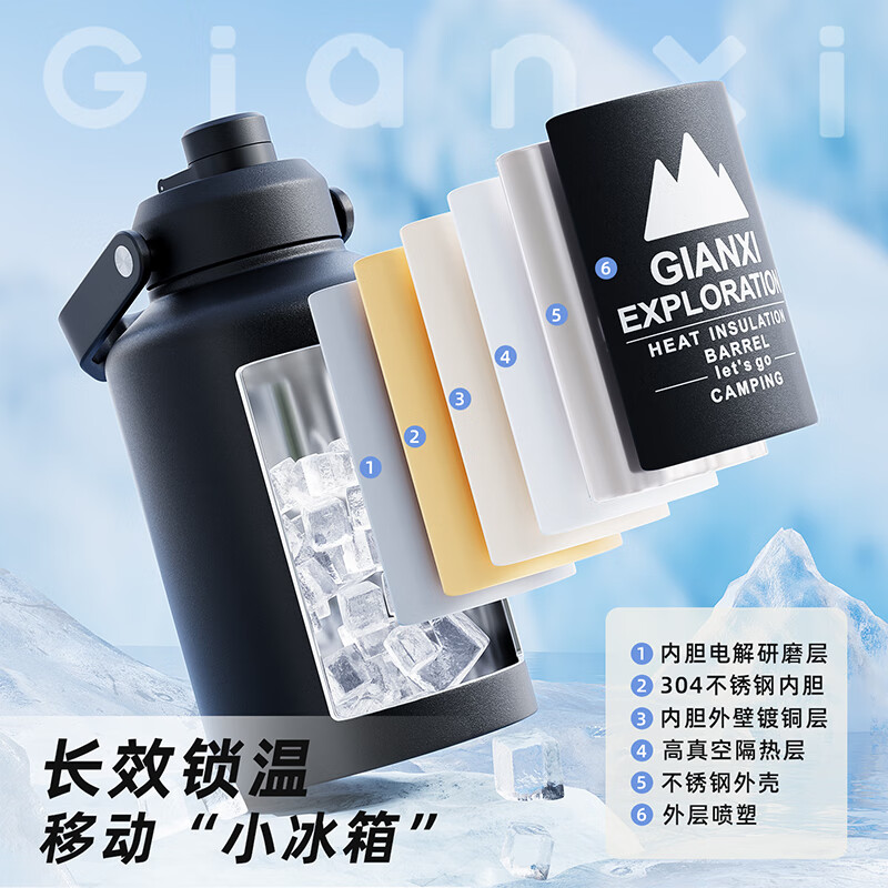 Tianxi (TIANXI) cold cup large capacity thermos cup men's large sports water bottle outdoor portable ton bucket ton water cup Qingshan Green Free Ice Clip 2000ml