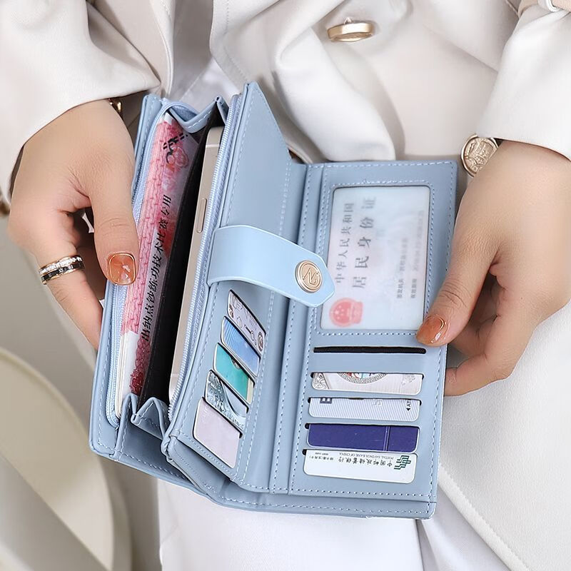 Kangaroo Leather Wallet Women's 2025 New Korean Style Large Capacity Long Wallet Women's Card Holder Wallet Two-in-One Women Blue