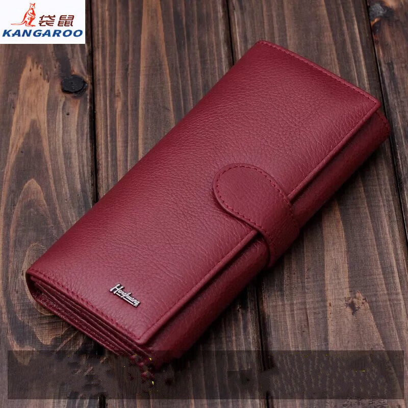 Kangaroo Light Luxury Brand Cowhide Women's Wallet Women's Long Genuine Leather Litchi Pattern Durable Soft Leather Tri-fold Wallet Clutch Maroon