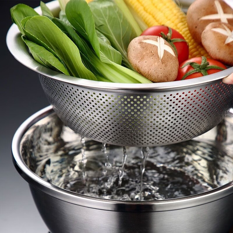 Carole stainless steel basin food-grade household kitchen drain basket wash basin leaky basin vegetable basin rice washing basin pore thickening 19CM multi-functional solid basin + leaky basin