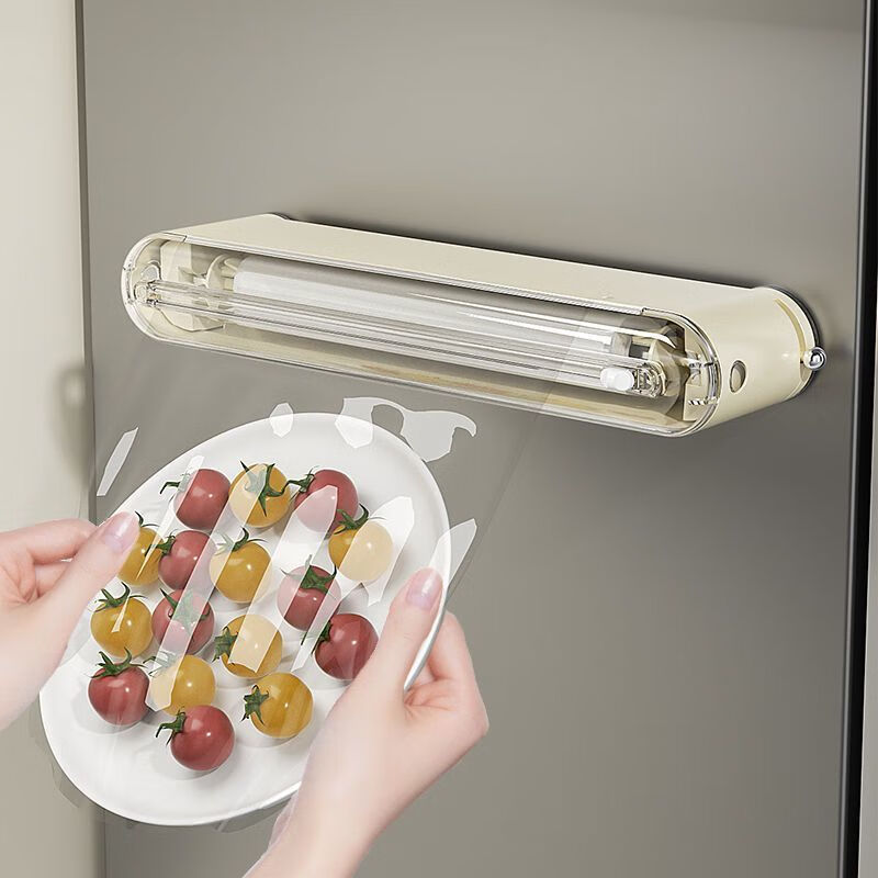 OTHER disposable cling film set, food grade special with cutter, magnetic suction, tear-free cutting tool for home refrigerator and kitchen, milky white cling film cutter, can be fixed on the table + suction cup