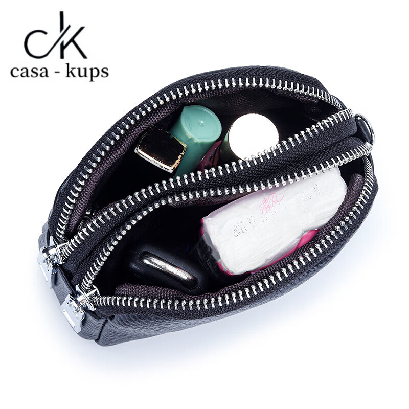 Casa-kupsCK Genuine Leather Women's Mini Bag Coin Purse Cowhide Large Capacity Three Zipper Multifunctional Fashion Coin Bag Dark Green