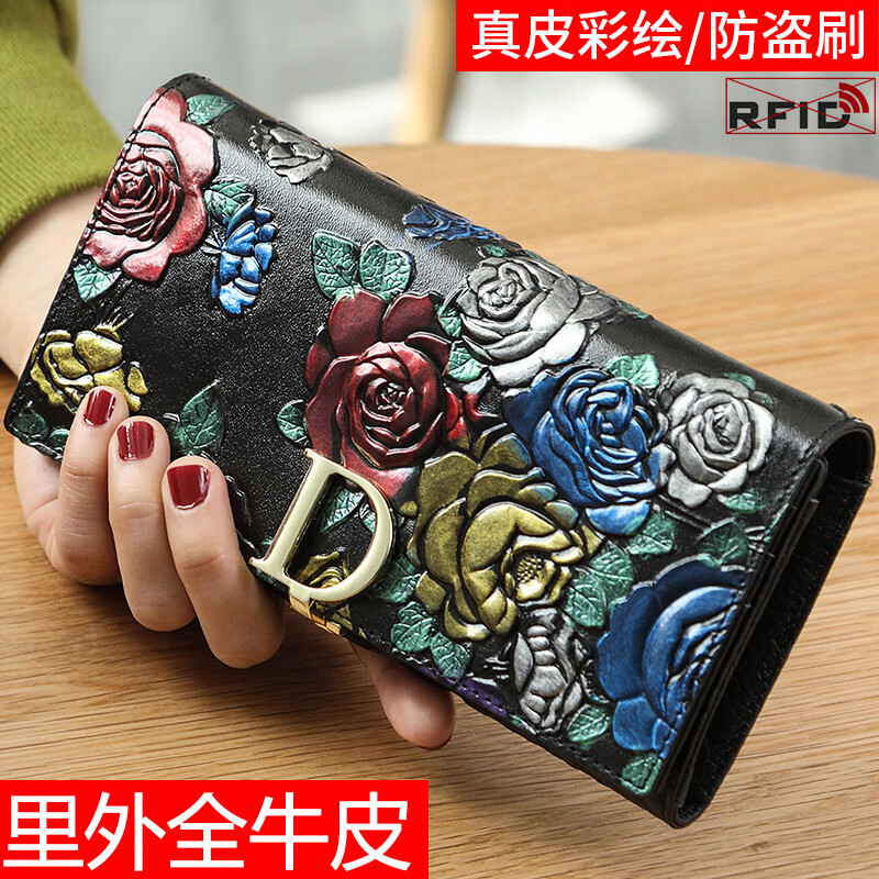 Banyanu New Product 2025 New Women's Wallet Women's Long D-Buckle Large Capacity Personalized Painted Women's Cowhide Wallet Color Rose-Anti-Theft Brush