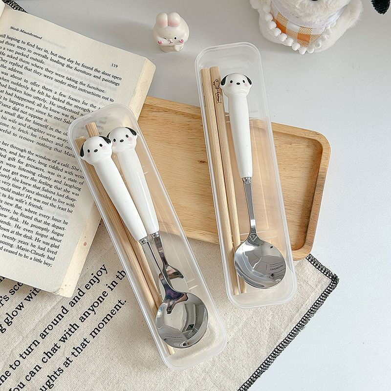 Cute puppy stainless steel chopsticks fork spoon set student portable eating spoon tableware for home use spoon + wooden chopsticks (transparent box)