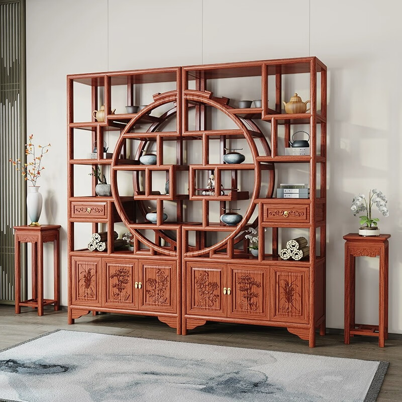Vientiane cypress solid wood Duobao Pavilion ancient rack Chinese tea storage rack elm partition ornaments office tea room storage display cabinet two doors and one bucket ancient rack single (left) rosewood colored ancient rack solid wood