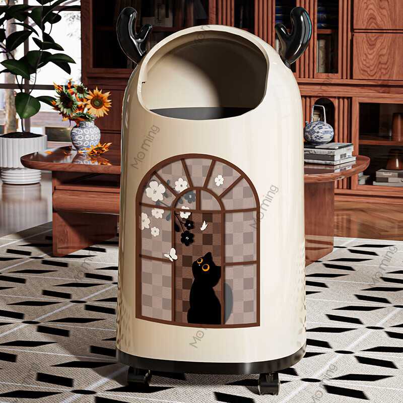Moming deer antler trash can bathroom home living room antique style retro bedroom elegant trash can bedroom with wheels Elk ears window climbing cat large size - pulley version