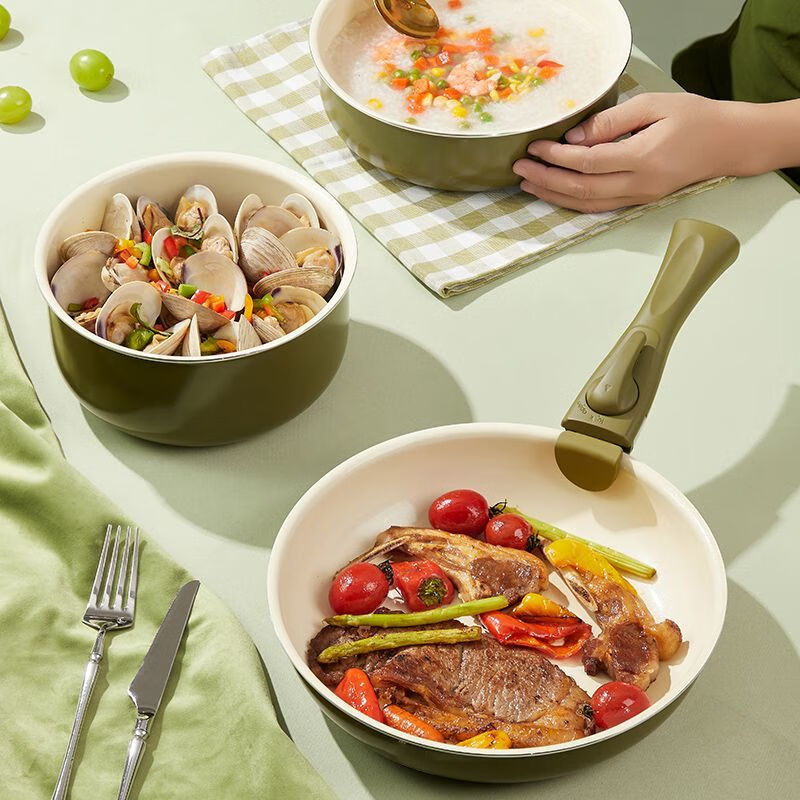 Vinoya milk pot three-piece set high-looking frying pan iron pot household non-stick pan frying soup cooking pot three-piece gift detachable handle pot and bowl dual-purpose - green portable pot three-piece set milk pot + deep frying pan + frying