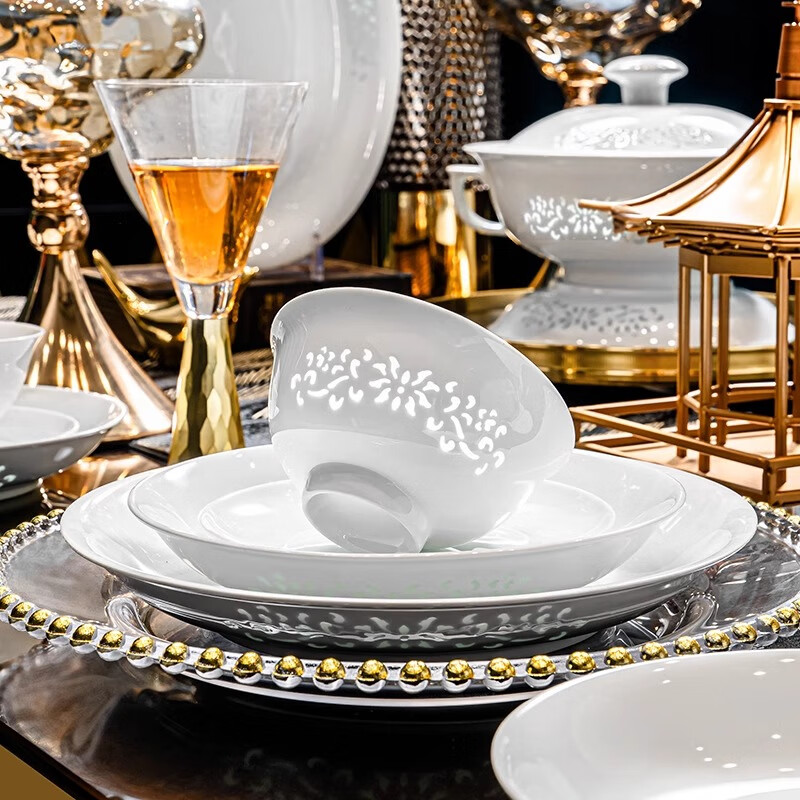 Miflame Jingdezhen High Temperature White Porcelain Exquisite Tableware Bowls Bowls and Dishes Set Complete Set for Household Underglaze Color Wedding Household Underglaze Color White Porcelain Exquisite Twisting Lotus 28-piece Set